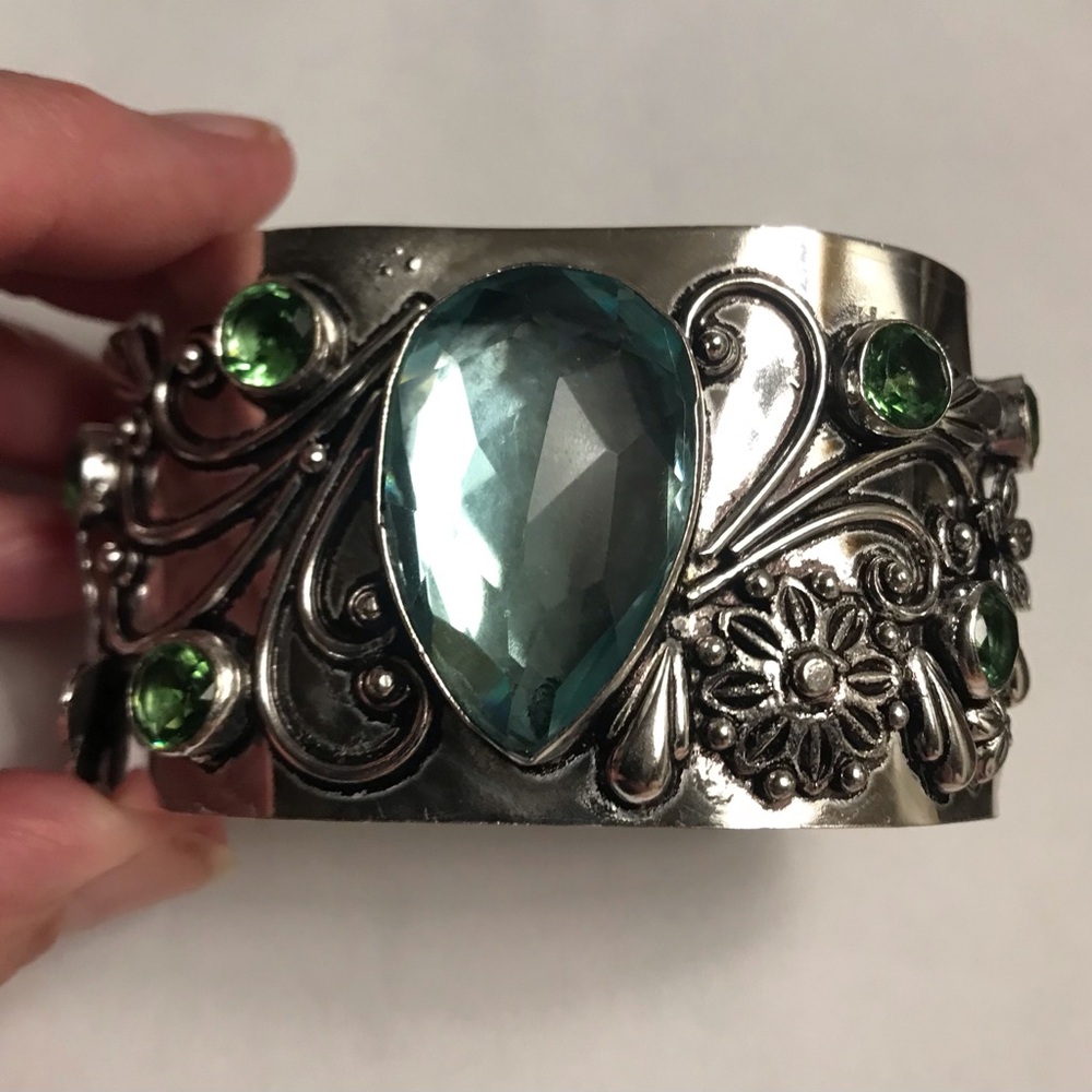 Green Amethyst Peridot Stamped 925 Sterling Silver Cuff Bracelet